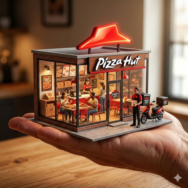 An ultra-realistic miniature [YOUR BRAND] showroom balanced on a human palm, designed with transpare
