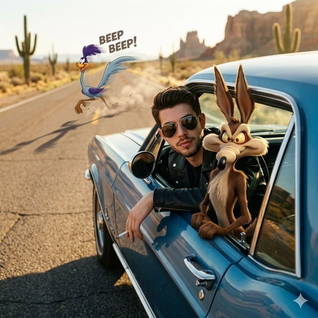 A stylish young man wearing a black leather jacket and aviator sunglasses leans out of the window of