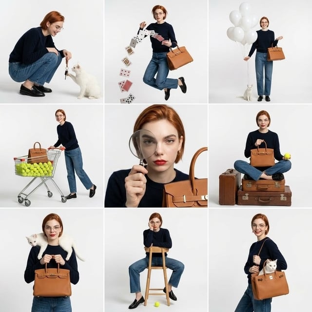 studio fashion collage, 3x3 grid layout, same subject repeated in different poses across all panels,