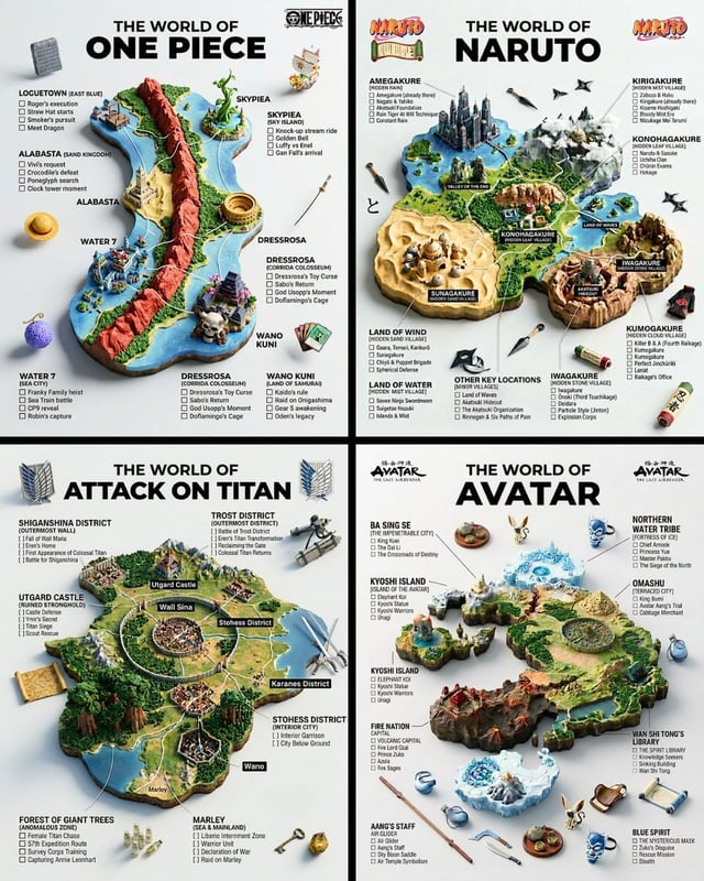 A hyper-realistic 3D world guide infographic poster for [SHOW]. The fictional world of [SHOW] is ren