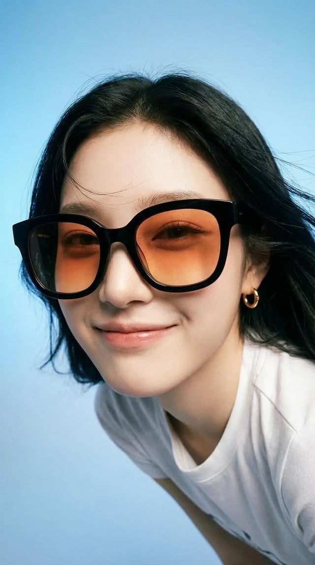 Photorealistic editorial portrait of a smiling woman using the exact same face from the reference im