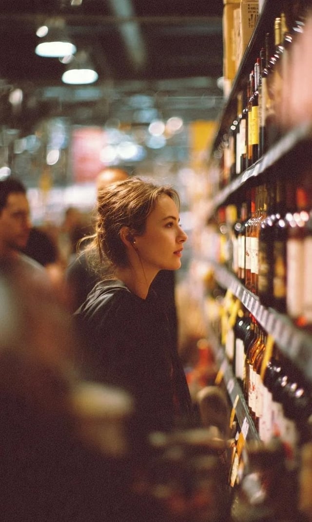 A cinematic side-profile portrait of a young woman standing in a grocery store aisle, carefully look