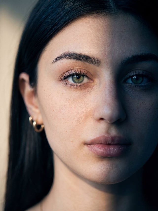 Ultra-realistic close-up portrait of a young woman with fair skin and subtle freckles, green eyes, a