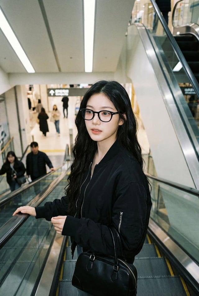 Photorealistic iPhone candid of a woman on an escalator, using the exact face and identity from the 