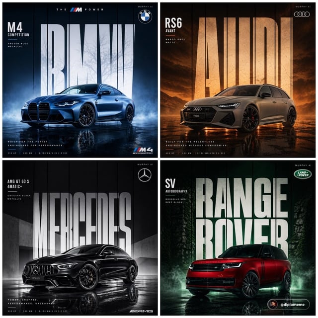Cinematic automotive billboard poster, [CAR MODEL + VARIANT] in [PAINT COLOR + FINISH], parked cente