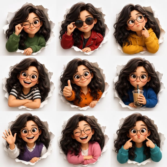 3D Pixar-style expression sheet, cute stylized avatar with wavy dark hair and round glasses, 3x3 gri