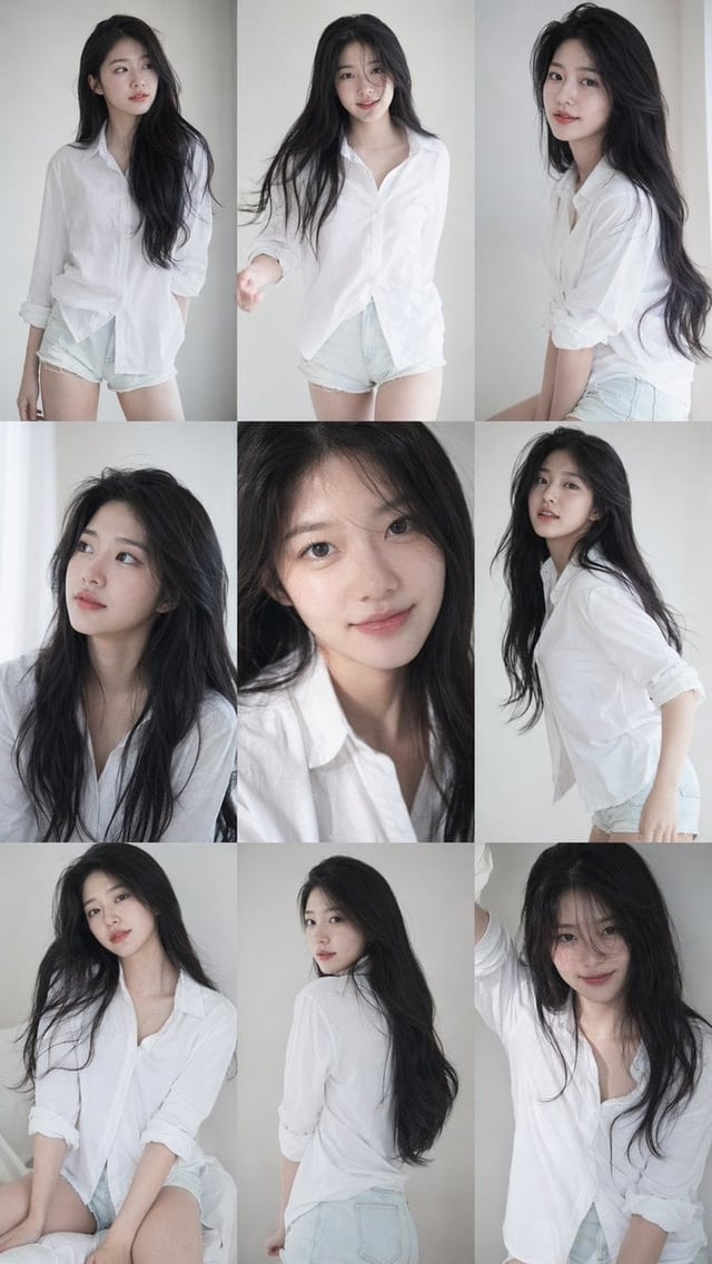 9:16 vertical — a 3x3 grid collage (nine images) forming a Korean idol portrait photoshoot series. E