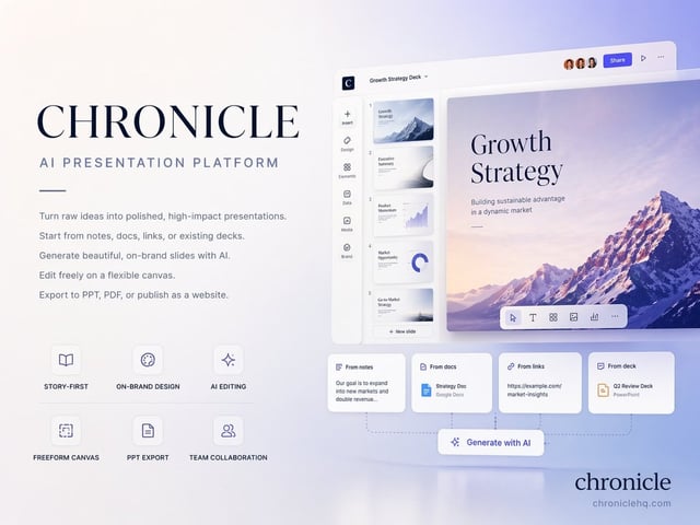 Create a premium 4:3 presentation cover slide introducing Chronicle, the AI-native presentation plat