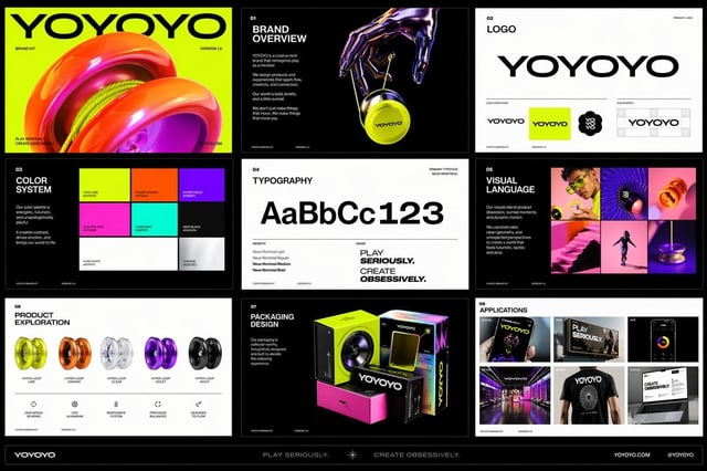 Create a polished multi-page (multiple images) brand kit for a company called [YOYOYO]. The brand sh