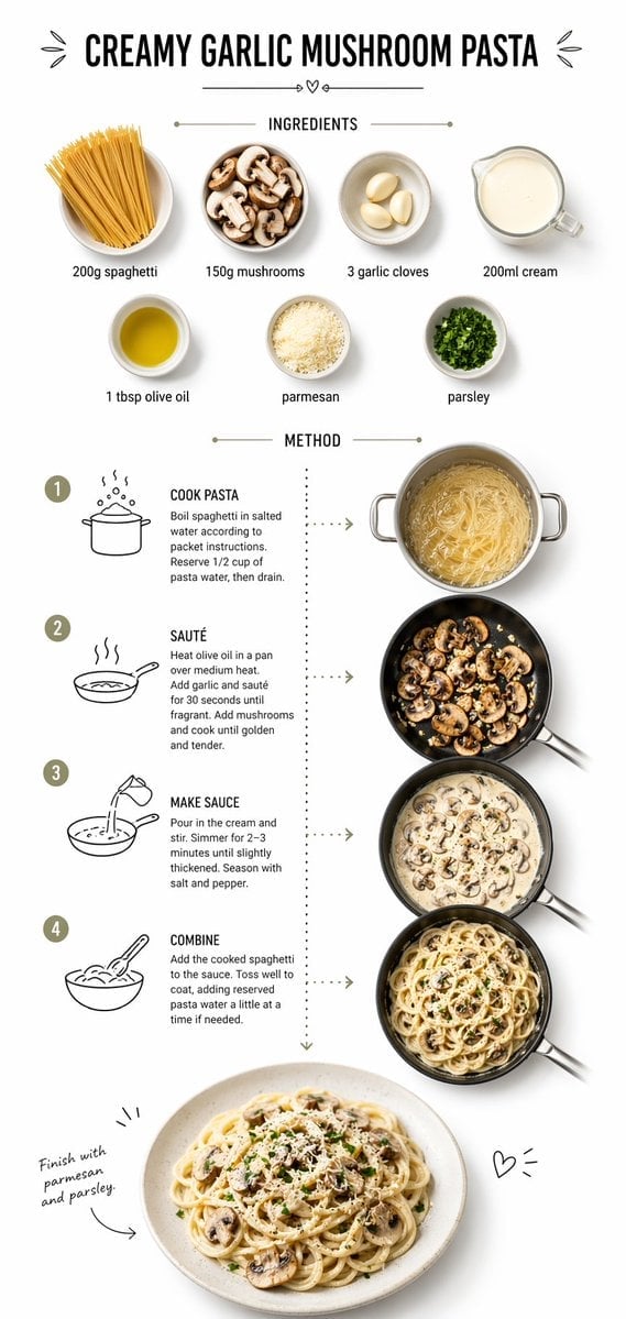 Create step-by-step recipe infographic for creamy garlic mushroom pasta, top-down view, minimal styl