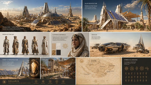 Create a complete visual worldbuilding set for a futuristic desert civilization powered by solar tec
