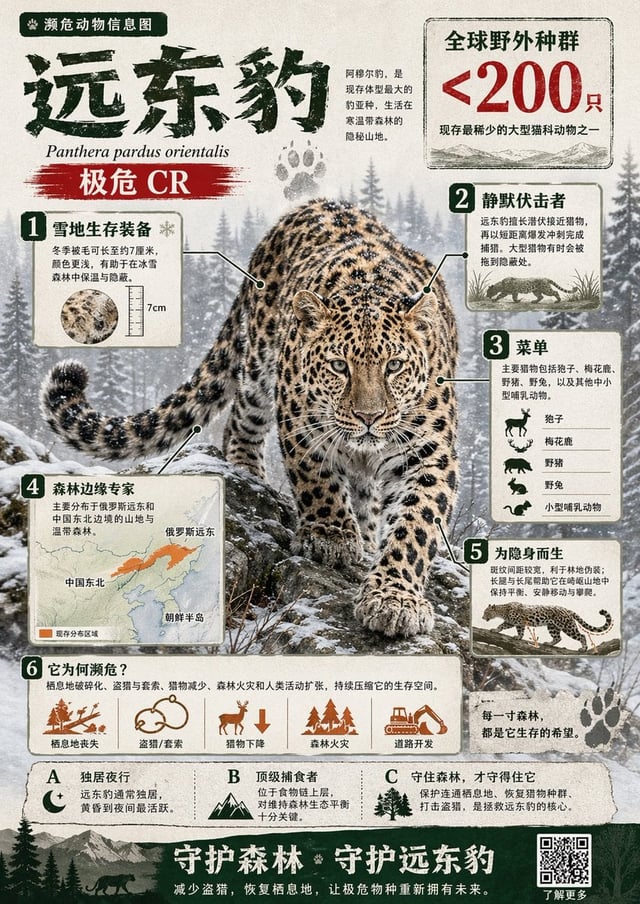 Create a visually rich infographic in Chinese about an endangered animal. Start by finding one onlin