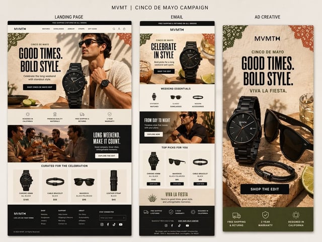 Create a premium presentation-style campaign board for MVMT’s Cinco de Mayo campaign on a soft warm 