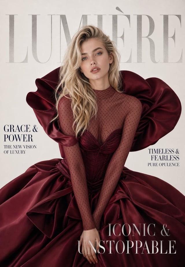 A luxury high-fashion magazine cover. Magazine name at the very top in massive elegant serif font re