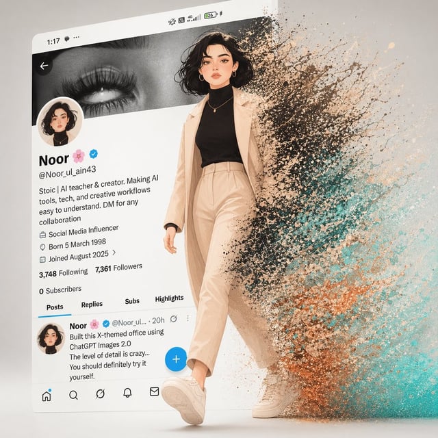 A cinematic digital artwork of a stylish animated girl walking out of a modern X (Twitter) profile i