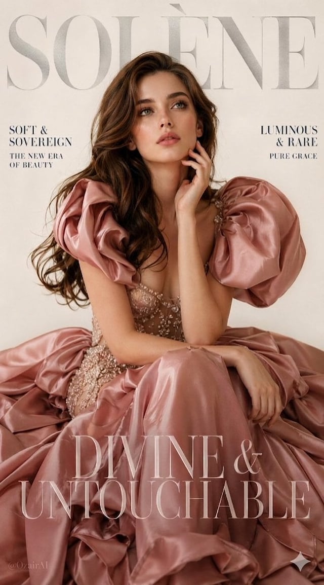 A breathtaking luxury fashion magazine cover. Large bold silver serif brand name "SOLÈNE" elegantly 