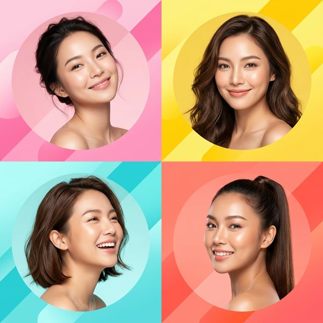 Ultra-modern high-end skincare advertising collage featuring four beautiful young Asian women, each 