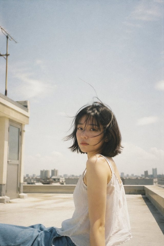 Japanese negative film aesthetic, rooftop summer scene, soft natural sunlight, slight overexposure h
