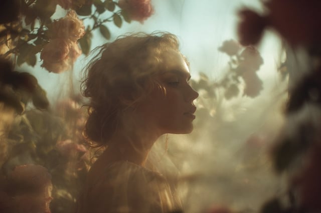 A soft-focus dream photograph of a [subject] in a [setting], seen through translucent fabric and [at