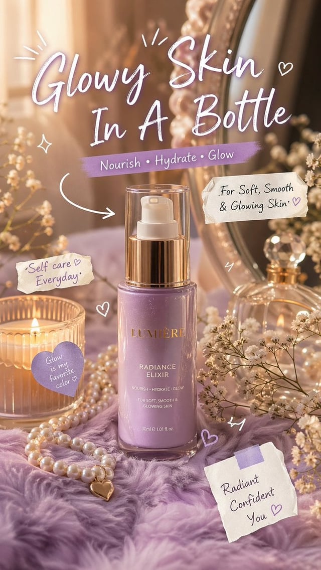 Luxury aesthetic skincare advertisement,soft pastel background, warm golden sunlight, dreamy soft fo