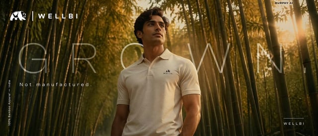 Cinematic product poster for WELLBI, India's premium bamboo apparel brand.