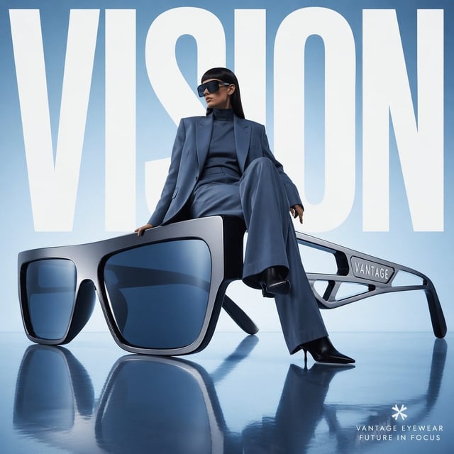 Avant-garde fashion advertisement, oversized futuristic sunglasses positioned like sculpture, model 