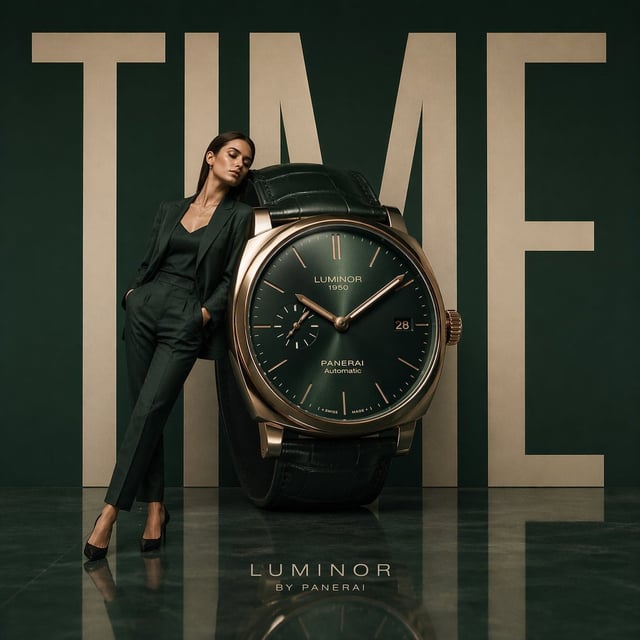Minimalist luxury watch campaign, oversized wristwatch positioned like modern sculpture, model leani