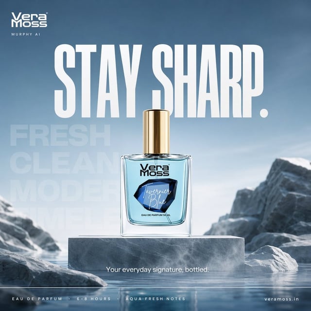 Hyper-realistic cinematic perfume billboard poster for Vera Moss Tavernier Blue Eau De Parfum, built