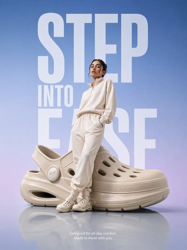 A hyper-realistic premium product advertisement featuring an oversized futuristic comfort clog place