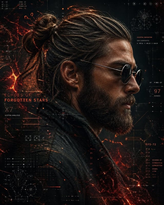 A cinematic side-profile portrait of a rugged man with a tied-back bun and full beard, wearing round