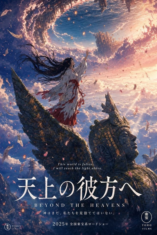 A stunning anime theatrical movie poster in portrait format. Studio Ghibli meets Makoto Shinkai visu
