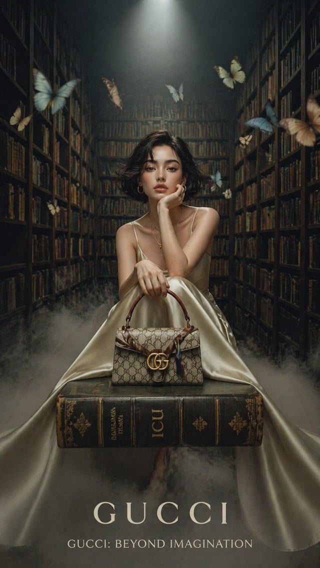 A cinematic luxury fashion editorial set inside a grand vintage library with tall wooden bookshelves