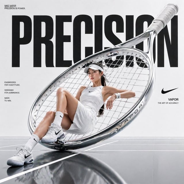 Avant-garde sports fashion advertisement, oversized tennis racket positioned like monumental sculptu