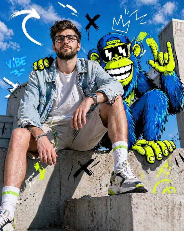 Full-body fashion editorial shot of a confident young person model sitting casually on a concrete le