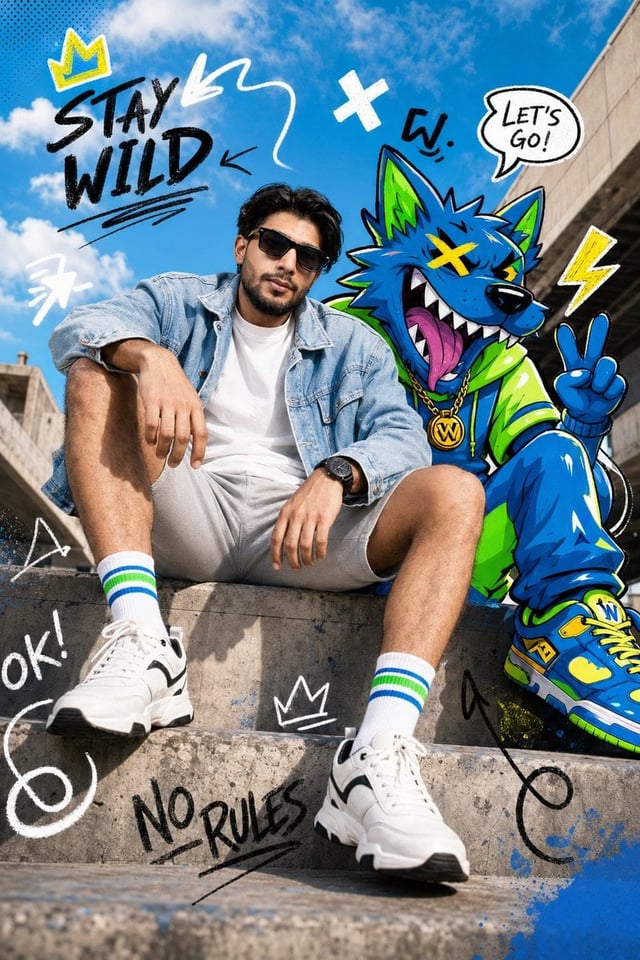 Full-body fashion editorial shot of a confident young person model sitting casually on a concrete le