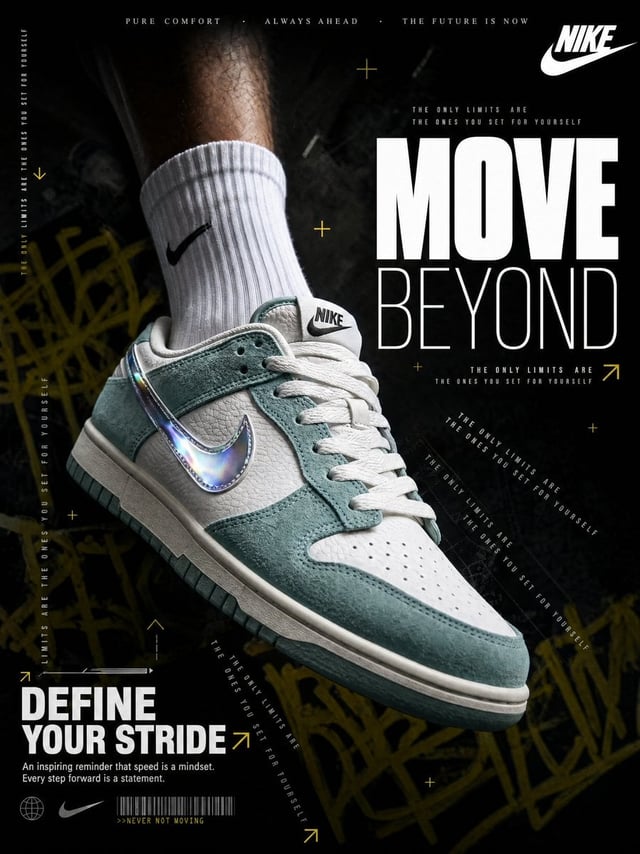 A hyperrealistic Nike sneaker advertisement shot in a dark, moody editorial style. A male leg wearin