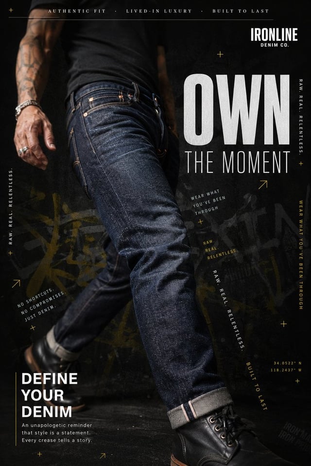 A hyperrealistic premium denim advertisement shot in a dark, moody editorial style. A male figure we