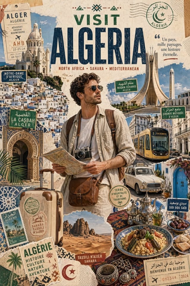 Create a stylized travel poster / graphic collage for [ALGERIA]. The main subject should be a stylis