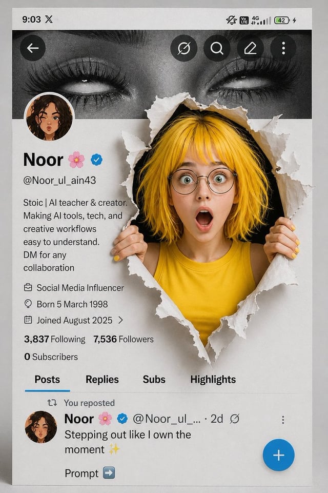 A creative 3D photo manipulation of a social media profile interface, featuring a surprised young wo