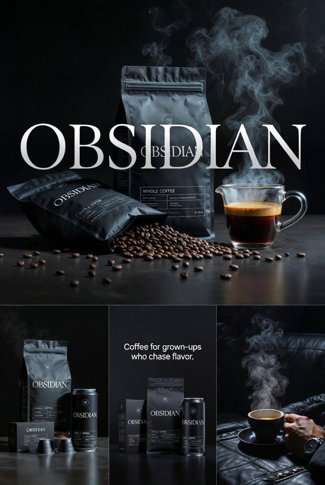 Create four connected premium realistic editorial images for OBSIDIAN coffee. Dark cinematic grown-u