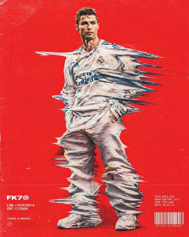 Hip-hop fashion model standing full-frame, clothing distorted into stretched streaks like motion dra
