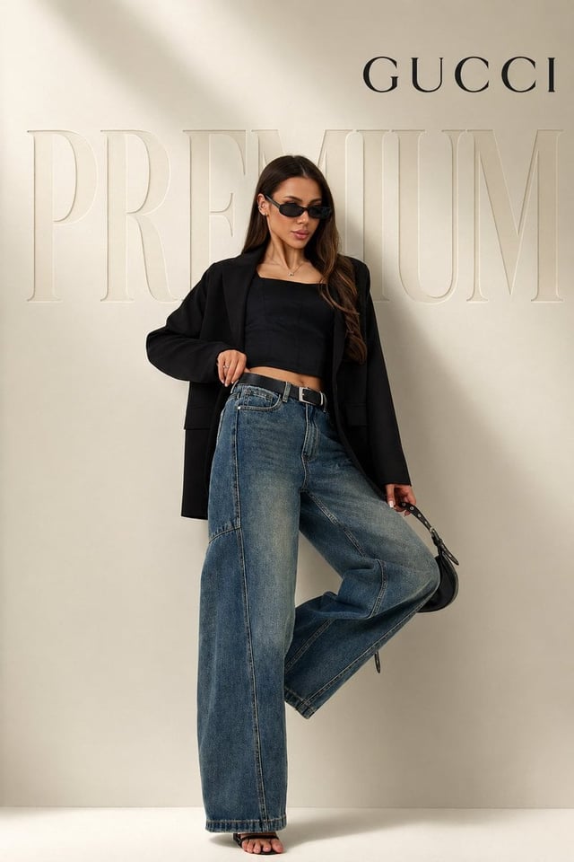 full body female model in confident fashion pose (one leg slightly raised, relaxed luxury stance), w