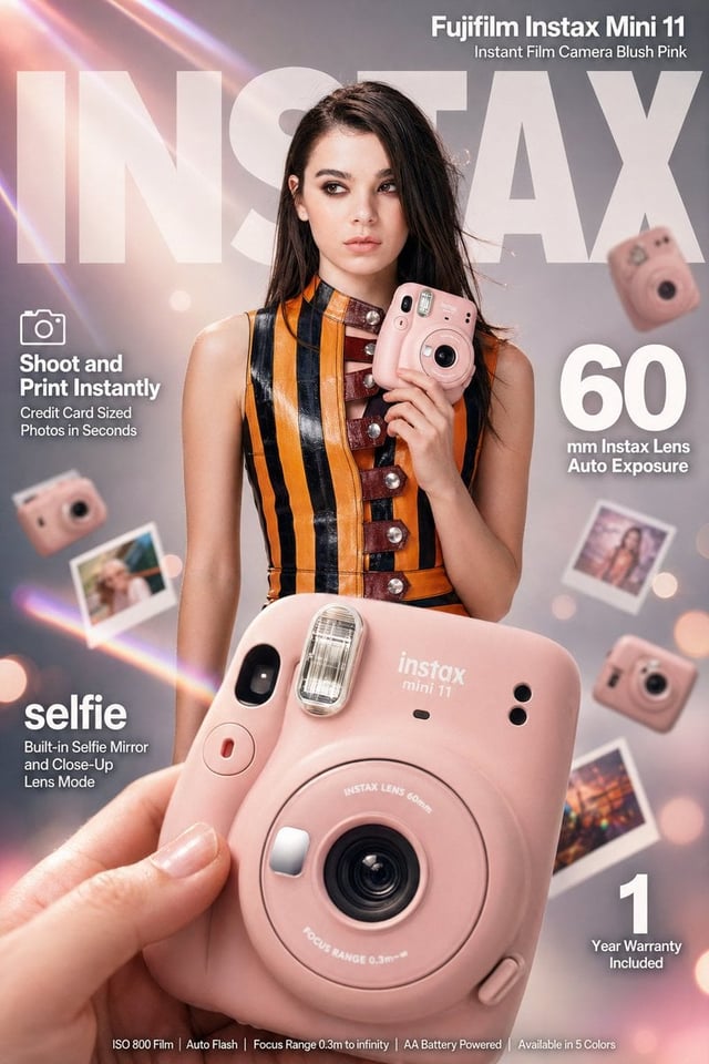 High-impact e-commerce infographic advertisement for "Fujifilm Instax Mini 11" blush pink instant ca