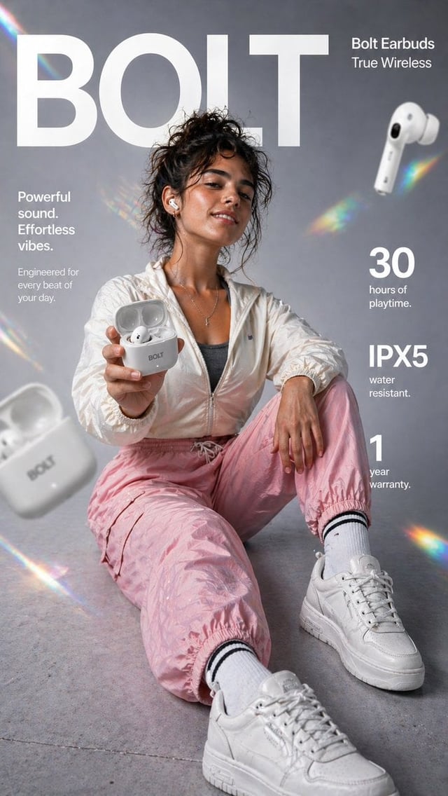 Create a high-impact 9:16 vertical e-commerce infographic for Bolt True Wireless Earbuds with a prem