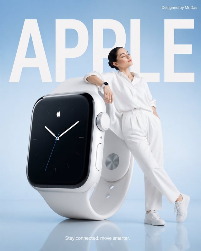 Minimalist commercial ad featuring oversized white smartwatch, ultra-clean design. A young woman in 