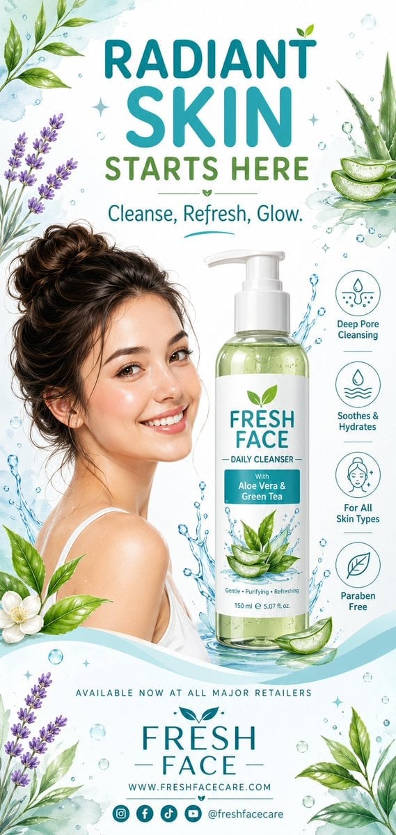 A clean, refreshing vertical advertising poster design for a face wash product, using a graphic illu