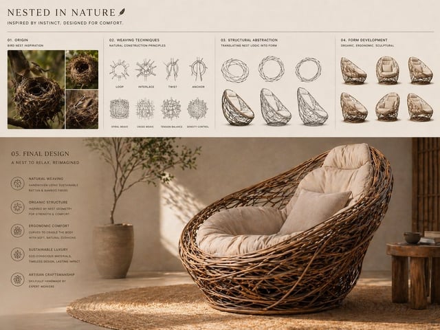 Conceptual transformation, bird nest construction techniques shaping a sculptural lounge chair, sequ