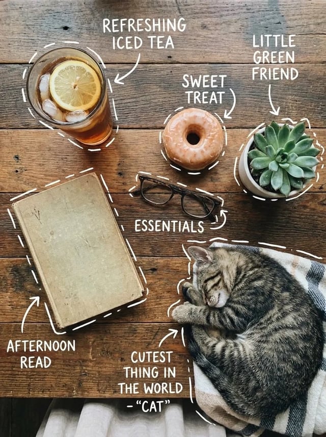 Top-down flat lay on a rustic wooden table, cozy aesthetic, soft natural light. A glass of iced tea 