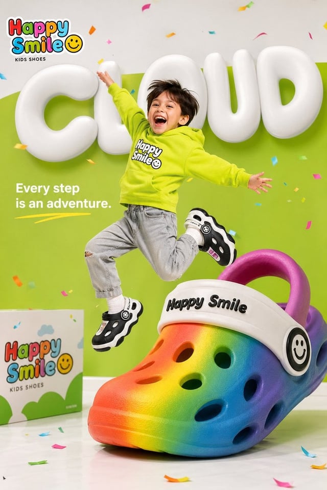 Bright colorful children's shoe brand advertisement for "Happy Smile☺️", happy young child jumping i