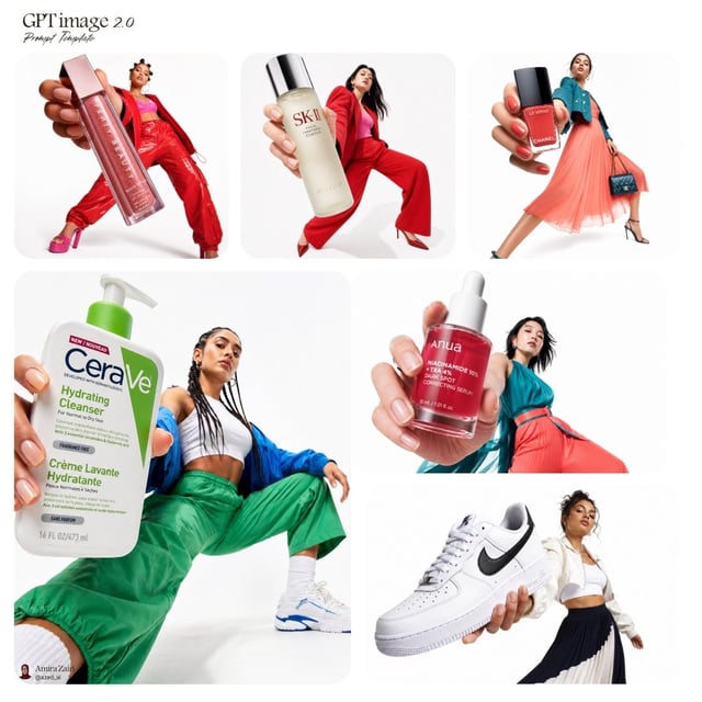 Low-angle fashion campaign photograph of a confident model holding a large [product name] very close